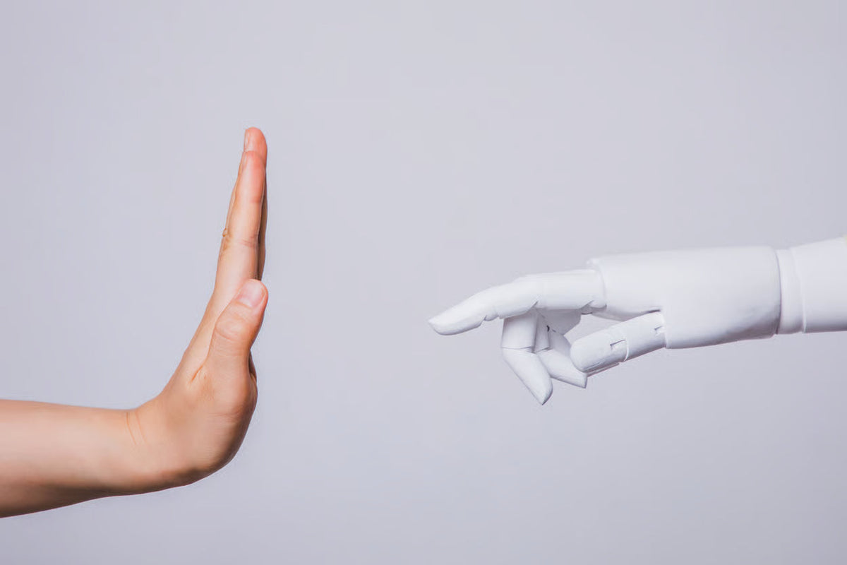 human hand raised rejecting robotic hand concepts of human rejecting AI